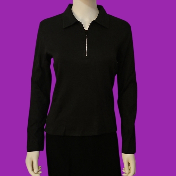 RAFAELLA Black Metallic Collared Pullover Long Sleeve Zipper Sweater - Picture 1 of 5